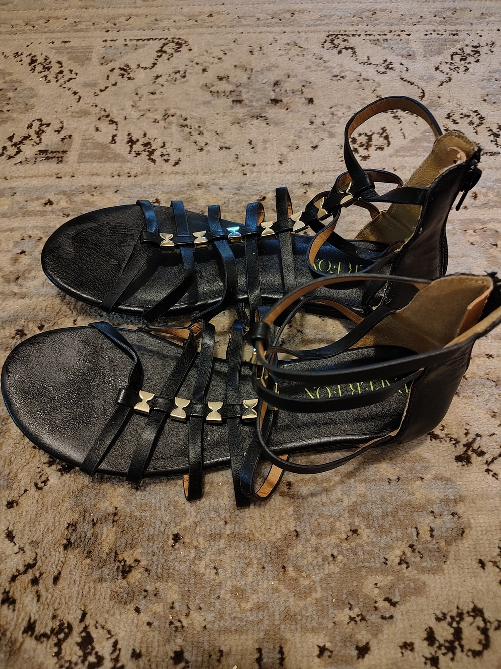 Black Strappy Gladiator Sandals with Gold Accents - Women Size 11